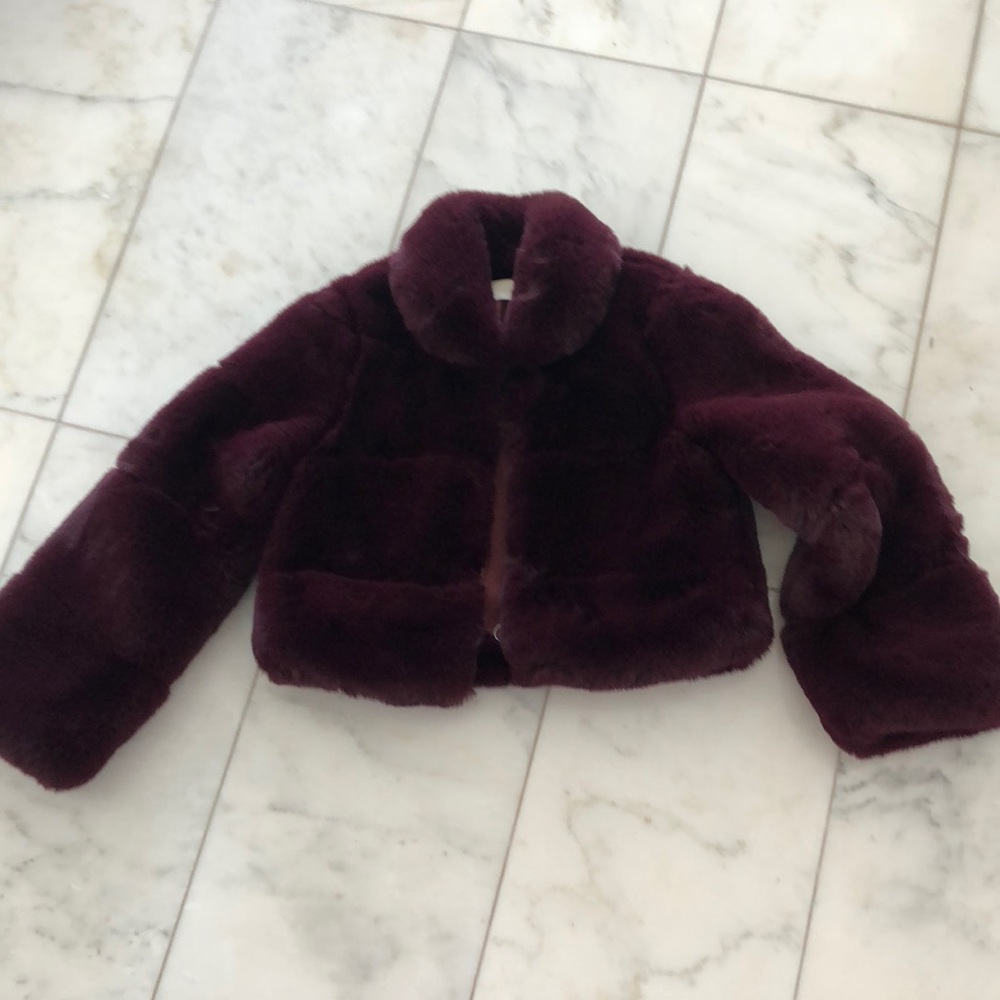 REVOLVE Plush Faux Fur Bomber Jacket in Deep Burgundy